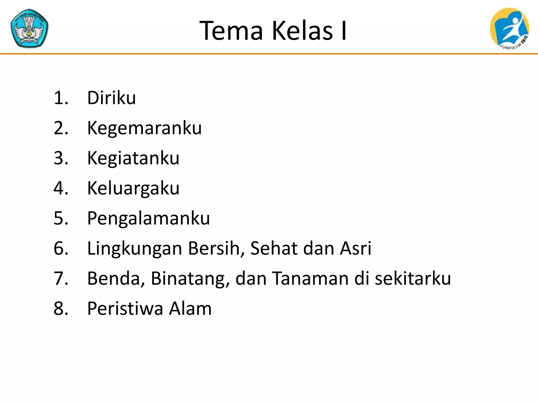 Tema Kelas I
1. Diriku
2. Kegemaranku
3. Kegiatanku
4. Keluargaku
5. Pengalamanku
6. Lingkungan Bersih, Sehat dan Asri
7. Benda, Binatang, dan Tanaman di sekitarku
8. Peristiwa Alam
 