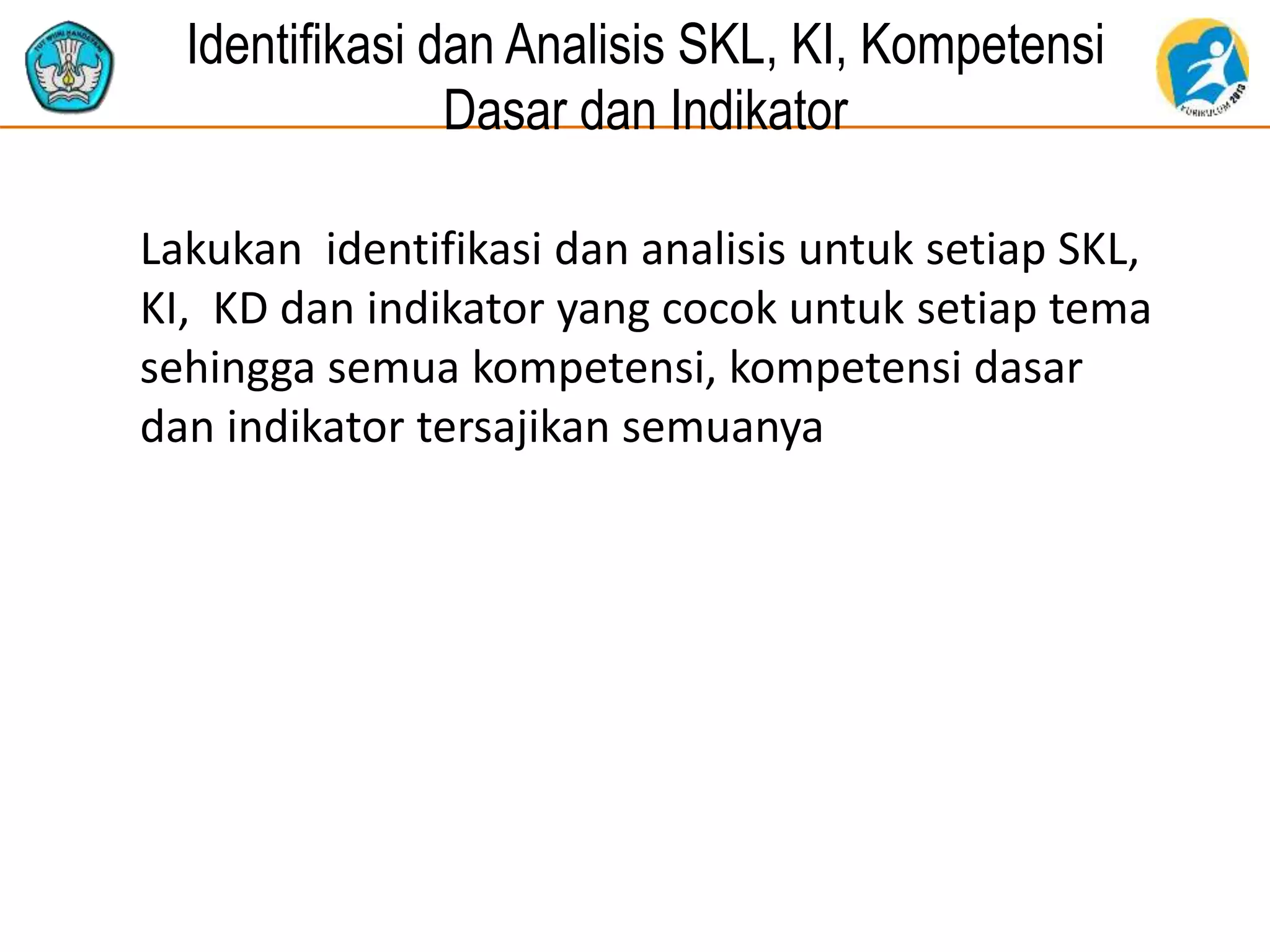 Identifikasi dan Analisis SKL, KI, Kompetensi
Dasar dan Indikator
Lakukan identifikasi dan analisis untuk setiap SKL,
KI, KD dan indikator yang cocok untuk setiap tema
sehingga semua kompetensi, kompetensi dasar
dan indikator tersajikan semuanya
 