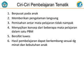 Ciri-Ciri Pembelajaran Tematik
1. Berpusat pada anak
2. Memberikan pengalaman langsung
3. Pemisahan antar mata pelajaran t...