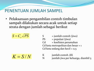 PENENTUAN JUMLAH SAMPEL
PSCS d
S = jumlah contoh (jiwa)
PS = populasi (jiwa)
Cd = koefisien perumahan
Cd kota metropolitan dan besar = 1
Cd kota sedang dan kecil = 0,5
K jumlah contoh ,KK
N jumlah jiwa per keluarga, diambil 5NSK /
• Pelaksanaan pengambilan contoh timbulan
sampah dilakukan secara acak untuk setiap
strata dengan jumlah sebagai berikut
 