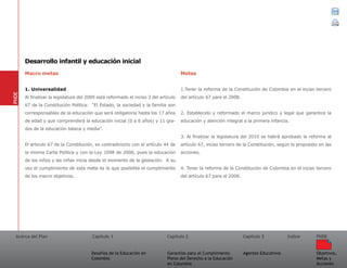 Acerca del Plan Capítulo 1
Desafíos de la Educación en
Colombia
Garantías para el Cumplimiento
Pleno del Derecho a la Educación
en Colombia
Capítulo 2 Capítulo 3
Agentes Educativos
Índice
Objetivos,
Metas y
Acciones
PNDE
Macro metas
1. Universalidad
Al finalizar la legislatura del 2009 está reformado el inciso 3 del artículo
67 de la Constitución Política: “El Estado, la sociedad y la familia son
corresponsables de la educación que será obligatoria hasta los 17 años
de edad y que comprenderá la educación inicial (0 a 6 años) y 11 gra-
dos de la educación básica y media”.
El articulo 67 de la Constitución, es contradictorio con el artículo 44 de
la misma Carta Política y con la Ley 1098 de 2006, pues la educación
de los niños y las niñas inicia desde el momento de la gestación. A su
vez el cumplimiento de esta meta es la que posibilita el cumplimiento
de los macro objetivos.
Metas
1.Tener la reforma de la Constitución de Colombia en el inciso tercero
del artículo 67 para el 2008.
2. Establecido y reformado el marco jurídico y legal que garantice la
educación y atención integral a la primera infancia.
3. Al finalizar la legislatura del 2010 se habrá aprobado la reforma al
artículo 67, inciso tercero de la Constitución, según lo propuesto en las
acciones.
4. Tener la reforma de la Constitución de Colombia en el inciso tercero
del artículo 67 para el 2008.
PNDE
Desarrollo infantil y educación inicial
 