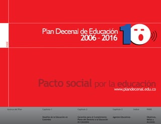 Acerca del Plan Capítulo 1
Desafíos de la Educación en
Colombia
Garantías para el Cumplimiento
Pleno del Derecho a la Educación
en Colombia
Capítulo 2 Capítulo 3
Agentes Educativos Objetivos,
Metas y
Acciones
Índice PNDE
PNDE
Pacto social por la educaciónwww.plandecenal.edu.co
 