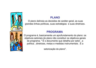 PLANO
O plano delineia as decisões de caráter geral, as suas
grandes linhas políticas, suas estratégias e suas diretrizes.
PROGRAMA
O programa é, basicamente um aprofundamento do plano: os
objetivos setoriais do plano irão constituir os objetivos gerais
do programa. " È o documento que detalha por setor , a
política , diretrizes, metas e medidas instrumentais . É a
setorização do plano".
 