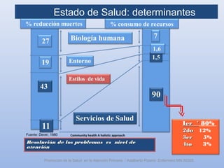 Estado de Salud: determinantes
Promoción de la Salud en la Atención Primaria / Adalberto Pizarro Enfermero MN 50305
Fuente: Dever, 1980 Community health A holistic approach
Ier *Ier * 80%
2do2do 12%
3er3er 5%
4to4to 3%Resolución de los problemas vs nivel deResolución de los problemas vs nivel de
atenciónatención
% consumo de recursos
 