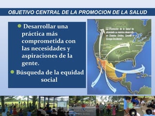 Desarrollar una
práctica más
comprometida con
las necesidades y
aspiraciones de la
gente.
Búsqueda de la equidad
social
OBJETIVO CENTRAL DE LA PROMOCION DE LA SALUD
Promoción de la Salud en la Atención
Primaria / Adalberto Pizarro
Enfermero MN 50305
 