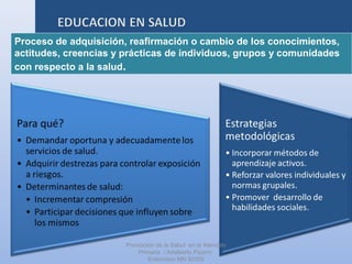 Proceso de adquisición, reafirmación o cambio de los conocimientos,
actitudes, creencias y prácticas de individuos, grupos y comunidades
con respecto a la salud.
Promoción de la Salud en la Atención
Primaria / Adalberto Pizarro
Enfermero MN 50305
 