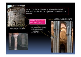 MURO SE EVITA LA MONOTONÍA CON BANDAS, 
MOTIVOS GEOMÉTRICOS . Iglesia de S. CLEMENTE DE 
TAHULL 
COLUMNA EXENTA PILAR CRUCIFORME 
CON COLUMNA 
ADOSADA 
ARCO DE MEDIO PUNTO 
ELEMENTOS 
SUSTENTANTES 
 