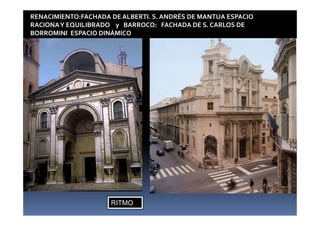 RENACIMIENTO:FACHADA DE ALBERTI. S. ANDRÉS DE MANTUA ESPACIO 
RACIONA Y EQUILIBRADO y BARROCO: FACHADA DE S. CARLOS DE 
BORROMINI ESPACIO DINÁMICO 
RITMO 
 