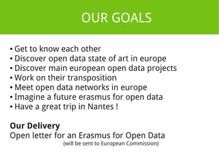 OUR GOALS 
● Get to know each other 
● Discover open data state of art in europe 
● Discover main european open data projects 
●Work on their transposition 
●Meet open data networks in europe 
● Imagine a future erasmus for open data 
● Have a great trip in Nantes ! 
Our Delivery 
Open letter for an Erasmus for Open Data 
(will be sent to European Commission) 
 