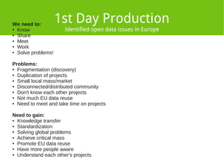 1st Day Production 
We need to: 
● Know 
● Share 
● Meet 
● Work 
● Solve problems! 
Problems: 
● Fragmentation (discovery) 
● Duplication of projects 
● Small local mass/market 
● Disconnected/distributed community 
● Don't know each other projects 
● Not much EU data reuse 
● Need to meet and take time on projects 
Need to gain: 
● Knowledge transfer 
● Standardization 
● Solving global problems 
● Achieve critical mass 
● Promote EU data reuse 
● Have more people aware 
● Understand each other's projects 
Identified open data issues in Europe 
 