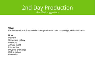 2nd Day Production 
Identified suggestions 
What 
Facilitation of practice-based exchange of open data knowledge, skills and ideas 
How 
Platform 
Showcase gallery 
Directory 
Annual event 
Internships 
Physical exchange 
Call to action 
Promotion 
 