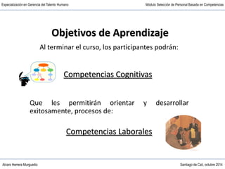 Alvaro Herrera Murgueitio Santiago de Cali, octubre 2014
Especialización en Gerencia del Talento Humano Módulo Selección de Personal Basada en Competencias
Objetivos de Aprendizaje
Al terminar el curso, los participantes podrán:
Que les permitirán orientar y desarrollar
exitosamente, procesos de:
Competencias Cognitivas
Competencias Laborales
 
