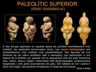 PALEOLÍTIC SUPERIOR 
(25000-10000/8000 aC) 
A tota Europa apareixen en aquesta època les primeres manifestacions d’art 
mobiliari, les estatuetes anomenades venus. Les venus esteatopígies són 
representacions d’art mobiliari molt característiques. Són figuretes de nus 
femenins de ple volum (embalum rodó o exemptes), que representen a una 
deessa de la fertilitat, per aquesta raó es representen amb les parts femenines 
(pits, ventre, malucs, natges i extremitats) molt desenvolupades, excessivament 
exagerades i amb grans acumulacions de greix. Són tallades en vori i pedra o 
fetes amb argila, i les primeres corresponen a l’etapa de l’Aurinyacià. 
Anar a índex… 
 