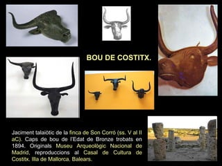 BOU DE COSTITX. 
Jaciment talaiòtic de la finca de Son Corró (ss. V al II 
aC). Caps de bou de l’Edat de Bronze trobats en 
1894. Originals Museu Arqueològic Nacional de 
Madrid, reproduccions al Casal de Cultura de 
Costitx. Illa de Mallorca. Balears. 
 