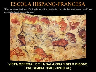 ESCOLA HISPANO-FRANCESA 
Són representacions d’animals estàtics, solitaris, no n’hi ha una composició en 
manada (bisó, cèrcol i cavall). 
VISTA GENERAL DE LA SALA GRAN DELS BISONS 
D’ALTAMIRA (15000-12000 aC) 
 