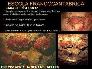 ESCOLA FRANCOCANTÀBRICA 
CARACTERÍSTIQUES: 
 Les pintures estan fetes en coves impermeables que 
estan protegides de la humitat i de la claror. 
 Policromia: negre, vermell, groc, ocres. 
 Gairebé mai apareix la figura humana. 
 Són pintures amb un gran naturalisme i amb detalls. 
BISONS: APROFITAMENT DEL RELLEU 
 