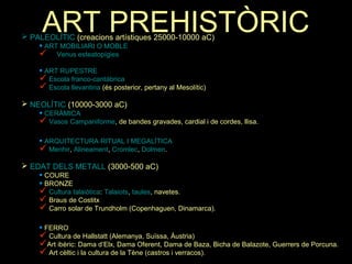 ART PREHISTÒRIC  PALEOLÍTIC (creacions artístiques 25000-10000 aC) 
• ART MOBILIARI O MOBLE 
 Venus esteatopígies 
• ART RUPESTRE 
 Escola franco-cantàbrica 
 Escola llevantina (és posterior, pertany al Mesolític) 
 NEOLÍTIC (10000-3000 aC) 
• CERÀMICA 
 Vasos Campaniforme, de bandes gravades, cardial i de cordes, llisa. 
• ARQUITECTURA RITUAL I MEGALÍTICA 
 Menhir, Alineament, Cromlec, Dolmen. 
 EDAT DELS METALL (3000-500 aC) 
• COURE 
• BRONZE 
 Cultura talaiòtica: Talaiots, taules, navetes. 
 Braus de Costitx 
 Carro solar de Trundholm (Copenhaguen, Dinamarca). 
• FERRO 
 Cultura de Hallstatt (Alemanya, Suïssa, Àustria) 
Art ibèric: Dama d’Elx, Dama Oferent, Dama de Baza, Bicha de Balazote, Guerrers de Porcuna. 
 Art cèltic i la cultura de la Tène (castros i verracos). 
 