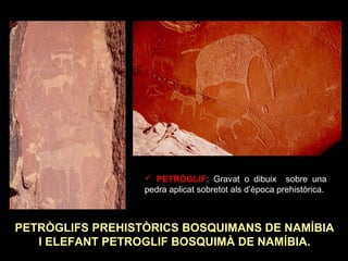  PETRÒGLIF: Gravat o dibuix sobre una 
pedra aplicat sobretot als d’època prehistòrica. 
PETRÒGLIFS PREHISTÒRICS BOSQUIMANS DE NAMÍBIA 
I ELEFANT PETROGLIF BOSQUIMÀ DE NAMÍBIA. 
 