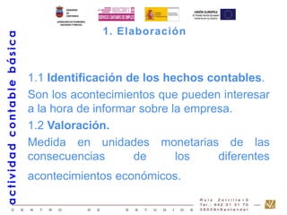 1. Elaboración 
1.1 Identificación de los hechos contables. 
Son los acontecimientos que pueden interesar 
a la hora de informar sobre la empresa. 
1.2 Valoración. 
Medida en unidades monetarias de las 
consecuencias de los diferentes 
acontecimientos económicos. 
act i v idad contable bás ica 
 