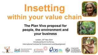 Insetting
within your value chain
The Plan Vivo proposal for
people, the environment and
your business
London, 10th Nov 2014
Introduced by Dr Ina Porras,
International Institute for Environment and Development
 
