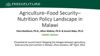 Agriculture–Food Security–
Nutrition Policy Landscape in
Malawi
Flora Nankhuni, Ph.D., Athur Mabiso, Ph.D. & Suresh Babu, Ph.D.
NAPAS: Malawi
Presented at Launch Event: Mapping the linkages between agriculture,
food security and nutrition in Malawi, Ufulu Gardens, 28th April, 2015
 