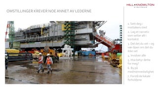 1. Sett deg i
mottakers sted
2. Lag et narrativ
som setter alt i
kontekst
3. Del det du vet – og
vær åpen om det du
ikke vet
4. Involver alle
5. Hva betyr dette
for meg?
6. By på
medmenneskelighet
7. Forstå de lokale
forholdene
OMSTILLINGER KREVER NOE ANNET AV LEDERNE
 