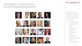 TOPPLEDEREN –VIRKSOMHETENS
VIKTIGSTE KOMMUNIKASJONSASSET
Lederne er en av
selskapets viktigste
kommunikasjons-
assets, både internt
og eksternt:
• Gjenkjennbart
menneskelig
ansikt
• Viktig intern
kanal og
motivasjons-
faktor
• Ekspert og
«personifisering
en» av
virksomheten
 