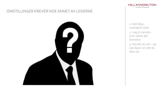 1. Sett deg i
mottakers sted
2. Lag et narrativ
som setter alt i
kontekst
3. Del det du vet – og
vær åpen om det du
ikke vet
OMSTILLINGER KREVER NOE ANNET AV LEDERNE
 
