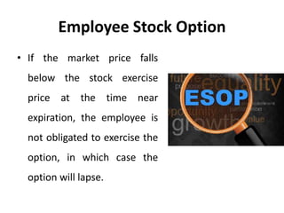 Employee Stock Option
• If the market price falls
below the stock exercise
price at the time near
expiration, the employee is
not obligated to exercise the
option, in which case the
option will lapse.
 