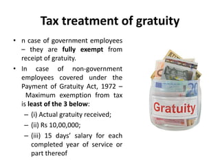Tax treatment of gratuity
• n case of government employees
– they are fully exempt from
receipt of gratuity.
• In case of non-government
employees covered under the
Payment of Gratuity Act, 1972 –
Maximum exemption from tax
is least of the 3 below:
– (i) Actual gratuity received;
– (ii) Rs 10,00,000;
– (iii) 15 days’ salary for each
completed year of service or
part thereof
 