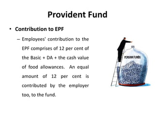 Provident Fund
• Contribution to EPF
– Employees' contribution to the
EPF comprises of 12 per cent of
the Basic + DA + the cash value
of food allowances. An equal
amount of 12 per cent is
contributed by the employer
too, to the fund.
 