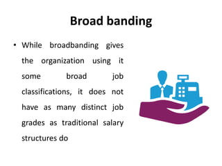 Broad banding
• While broadbanding gives
the organization using it
some broad job
classifications, it does not
have as many distinct job
grades as traditional salary
structures do
 