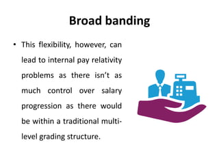 Broad banding
• This flexibility, however, can
lead to internal pay relativity
problems as there isn’t as
much control over salary
progression as there would
be within a traditional multi-
level grading structure.
 