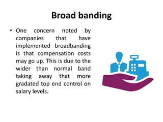 Broad banding
• One concern noted by
companies that have
implemented broadbanding
is that compensation costs
may go up. This is due to the
wider than normal band
taking away that more
gradated top end control on
salary levels.
 