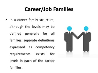 Career/Job Families
• In a career family structure,
although the levels may be
defined generally for all
families, separate definitions
expressed as competency
requirements exists for
levels in each of the career
families.
 