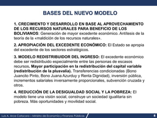 Luis A. Arce Catacora – Ministro de Economía y Finanzas Públicas 5
BASES DEL NUEVO MODELO
3. MODELO REDISTRIBUIDOR DEL ING...