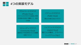 プライベートクラウド
(Private Cloud)
パブリッククラウドの技術と同等
の仕組みを自社で構築して、会社
で共用
パブリッククラウド
(Public Cloud)
誰もが共用できるクラウド
コミュニティクラウド
(Community Cloud)
政府向けや自治体向けなどの組織
利用クラウド
ハイブリッドクラウド
(Hybrid Cloud)
他3つとの複合、プライベー
ト+パブリックなど
4つの実装モデル
 
