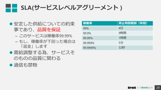  安定した供給についての約束
事であり、品質を保証
– このサービスは稼働率99.99%
– もし、稼働率が下回った場合は
「返金」します
 需給調整する為、サービスそ
のものの品質に関わる
 過信も禁物
稼働率 停止時間概算（年間）
99% 4日
99.9% 9時間
99.99% 1時間
99.999% 5分
99.9999% 32秒
29
SLA(サービスレベルアグリーメント )
 