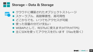Storage – Data & Storage
44
 クラウドに構築されたオブジェクトストレージ
 スケーラブル、高耐障害性、高可用性
 どこからでも、いつでもアクセスが可能
 使った容量の分だけ支払い
 WEBAPIとして、RESTfulに使えます(HTTP/HTTPS)
 主にSDKを使ってアクセスを行います（Filesを除く）
 
