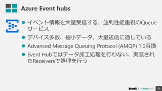 Azure Event hubs
 イベント情報を大量受信する、並列性能重視のQueue
サービス
 デバイス多数、極小データ、大量送信に適している
 Advanced Message Queuing Protocol (AMQP) 1.0互換
 Event Hubではデータ加工処理を行わない、実装され
たReceiversで処理を行う
54
 
