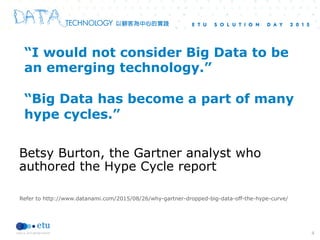 4
“I would not consider Big Data to be
an emerging technology.”
“Big Data has become a part of many
hype cycles.”
Betsy Bu...