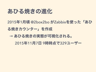 あひる焼きの進化
2015年1月頃 @2box2bo がZabbixを使った「あひ
る焼きカウンター」を作成 
→ あひる焼きの実態が可視化される。 
2015年11月7日 9時時点で329ユーザー
 