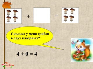 + = ?
Сколько у меня грибов
в двух кладовых?
4 + 0 = 4
 