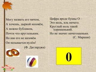Могу назвать его мячом,
А хочешь, дыркой назовём,
А можно бубликом,
Почти что кругленьким.
Но как его не назовём
Он называется нулём!
(Ф. Дагларджа)
Цифра вроде буквы О –
Это ноль, иль ничего.
Круглый ноль такой
хорошенький.
Но не значит ничегошеньки.
(С. Маршак)
0
 