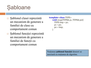 Șabloane
 Șablonul clasei reprezintă
un mecanism de generare a
familiei de clase cu
comportament comun
 Șablonul funcției reprezintă
un mecanism de generare a
familiei de funcții cu
comportament comun
template<class TYPE>
void swap(TYPE& p1, TYPE& p2){
TYPE tmp = p1;
p1 = p2;
p2 = tmp;
}
Noțiunea șablonul funcției deseori se
asociază cu noțiunea de algoritm.
 