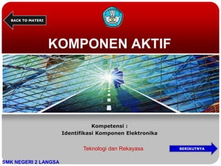 KOMPONEN AKTIF
Kompetensi :
Identifikasi Komponen Elektronika
SMK NEGERI 2 LANGSA
BACK TO MATERI
Teknologi dan Rekayasa BERIKUTNYA
 