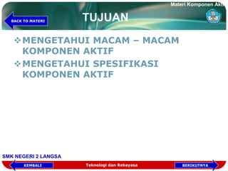 TUJUAN
MENGETAHUI MACAM – MACAM
KOMPONEN AKTIF
MENGETAHUI SPESIFIKASI
KOMPONEN AKTIF
Teknologi dan Rekayasa BERIKUTNYAKEMBALI
BACK TO MATERI
Materi Komponen Aktif
SMK NEGERI 2 LANGSA
 