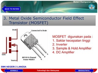 3. Metal Oxide Semiconductor Field Effect
Transistor (MOSFET)
MOSFET digunakan pada :
1. Saklar kecepatan tinggi
2. Inverter
3. Sample & Hold Amplifier
4. DC Amplifier
Teknologi dan Rekayasa BERIKUTNYAKEMBALI
BACK TO MATERI
Materi Komponen Aktif
SMK NEGERI 2 LANGSA
 