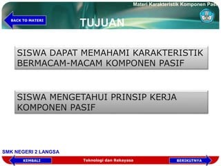 TUJUAN
SISWA DAPAT MEMAHAMI KARAKTERISTIK
BERMACAM-MACAM KOMPONEN PASIF
SISWA MENGETAHUI PRINSIP KERJA
KOMPONEN PASIF
Teknologi dan Rekayasa
Materi Karakteristik Komponen Pasif
SMK NEGERI 2 LANGSA
BERIKUTNYAKEMBALI
BACK TO MATERI
 