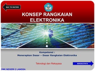 KONSEP RANGKAIAN
ELEKTRONIKA
Kompetensi :
Menerapkan Dasar – Dasar Rangkaian Elektronika
SMK NEGERI 2 LANGSA
BAC TO MATERI
Teknologi dan Rekayasa BERIKUTNYA
 
